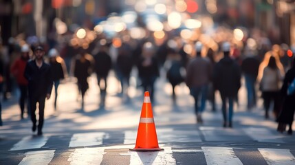 A lone orange cone surrounded by blurred figures of pedestrians and construction workers, the only element in sharp focus on a bustling street