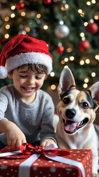 young little boy opening gifts with his pet inside a house during christmas celebration