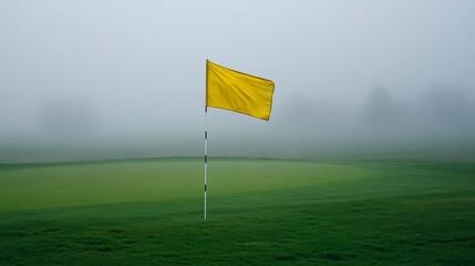 A vibrant yellow flag waves gently on a foggy golf course, enveloped by rolling greens and a misty, mysterious atmosphere