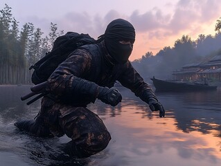 Naklejka premium A stealthy figure in dark attire moves through water at dawn, blending into the serene landscape.
