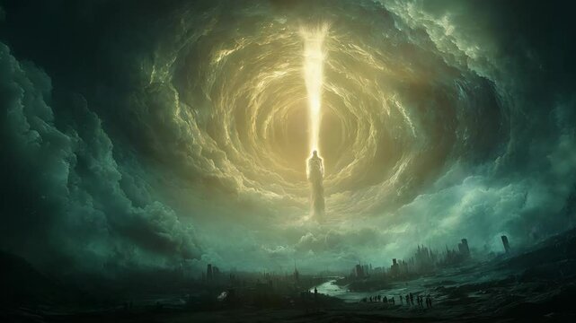 Giant figure is emerging from heavenly clouds above an apocalyptic city, while a group of people are walking on a desolate land