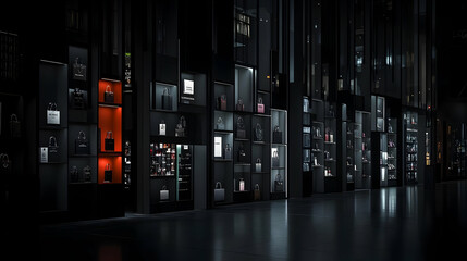 Fototapeta premium Minimalist Black Display Cases with Bags and Products in a Modern Retail Store
