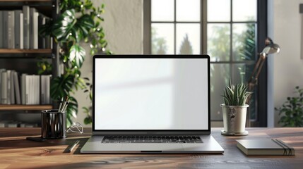 A modern workspace with a laptop, notebook, and a potted plant on a wooden desk. The laptop screen is blank, perfect for adding your own content.