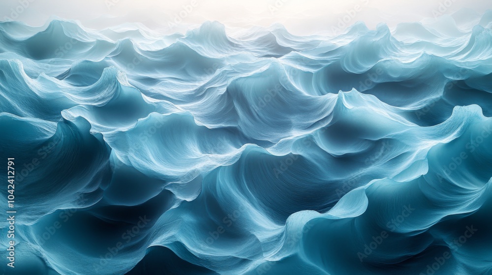 Poster waves gently undulate in a serene ocean, reflecting shades of blue and turquoise under the soft ligh