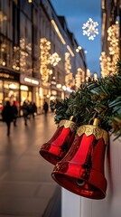 Red Christmas bells and lush greenery adorn a white fence, creating a festive atmosphere with soft bokeh lights for New Year's