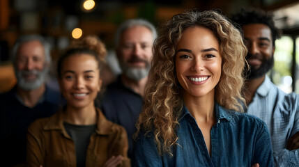 Fototapeta premium A diverse group of smiling individuals posing together in a warm setting.