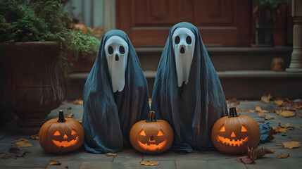 Two ghostly figures with pumpkins celebrate Halloween outdoors.