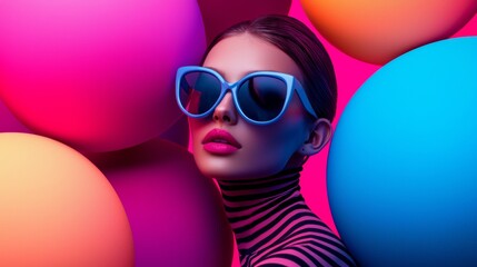 Fashionable woman with bold sunglasses in vibrant neon lighting
