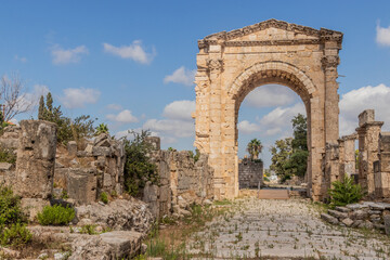 Monumental arch and Roman road at Al Bass archaeological site in Tyre, Lebanon