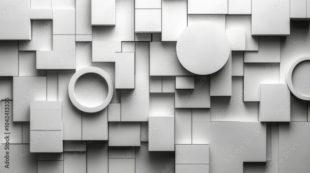 Poster a variety of white geometric shapes, including squares and circles, are arranged on a textured surfa