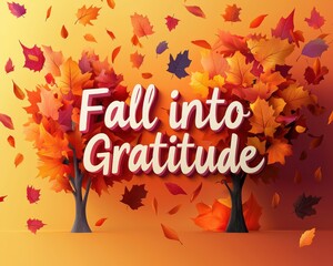 Bold 3D "Fall into Gratitude" text with autumn trees and falling leaves