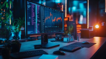Stock market data analysis on computer screen in modern office