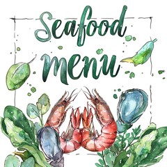 A colorful seafood menu illustration featuring shrimp, mussels, and leafy greens, perfect for a seafood restaurant or culinary event