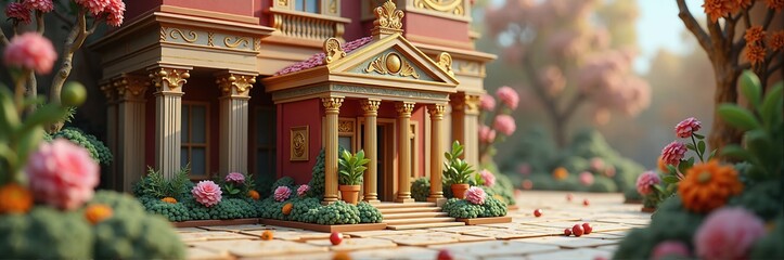 A beautifully detailed, whimsical house surrounded by vibrant flowers and greenery, perfect for fantasy themes or charming real estate promotions.