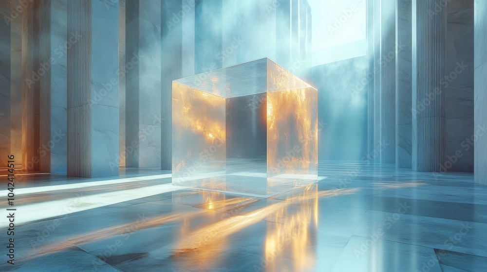 Poster a translucent cube stands in the center of a bright, spacious setting filled with tall glowing pilla