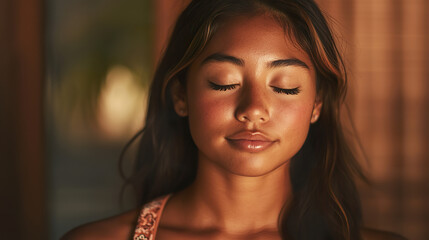 Fototapeta premium Young Hawaiian woman meditating peacefully at home in warm, tranquil setting
