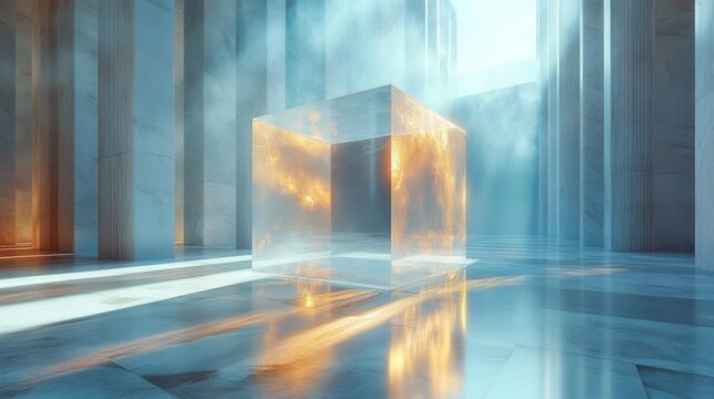 A translucent cube stands in the center of a bright, spacious setting filled with tall glowing pillars. Soft mist creates an ethereal atmosphere.