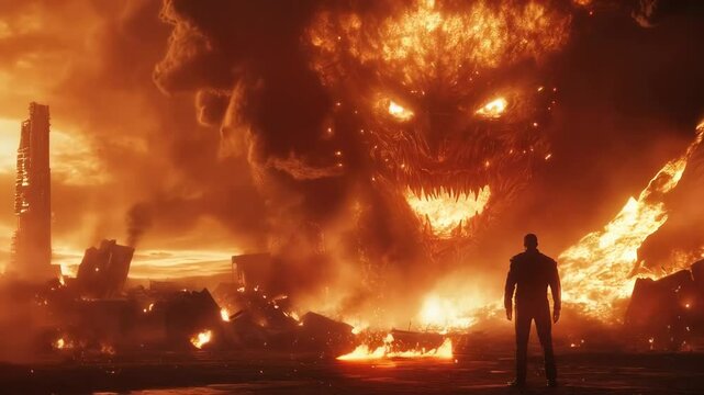 Businessman is standing defiantly amidst a ruined city, facing a colossal demon made of fire and smoke, symbolizing resilience and courage in the face of overwhelming destruction