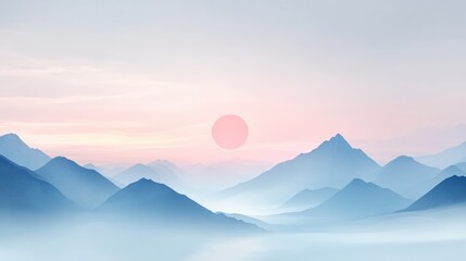 Fototapeta premium A soft pink sun rises over a misty mountain range, creating a serene and peaceful atmosphere.