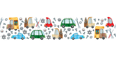 Watercolor seamless border of cars and spare parts, details. Hand drawn illustration. car,  cartoon, children, child, border, banner, truck, cargo, transportation, transport, bus, minibus