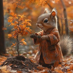 Obraz premium A cute squirrel wearing a traditional Japanese kimono stands in an autumn forest, holding a small pine branch in its paws.