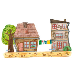 Composition of two stone houses, tree, flowers, bush.
Hand drawn watercolor illustration.
Cartoon, children, child, tree, bush, nature, hill, plants, landscape, house, flowers, isolate, wash, clothes