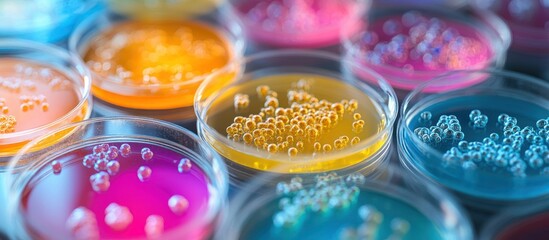 Colorful petri dishes with liquid cultures.