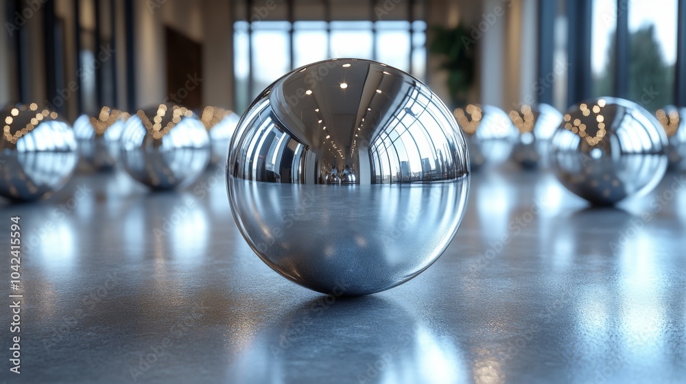 Aufkleber A variety of shiny metallic spheres rest on a smooth, polished floor, illuminated by ample natural light from large windows, creating a modern aesthetic.