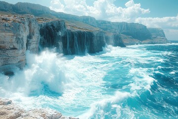 Powerful Waves Crashing Against Rugged Cliffs