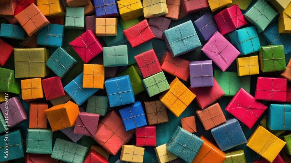 Poster Brightly colored small gift boxes in different sizes are scattered, ideal for wrapping presents for birthdays and holidays. Generative AI