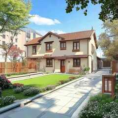 A beautiful two-story house with a manicured lawn and a paved driveway.