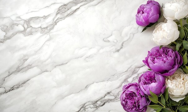 Beautiful flowers bouget with peonies and roses with a beautiful bundling. Bouquet is lying on a white marble table as a background