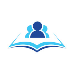 This is a simple flat design that depicts a book with three abstract people on top of it in blue neon color on a white background