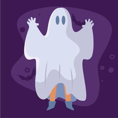 Ghost boy in a spooky white sheet for Halloween, Vector