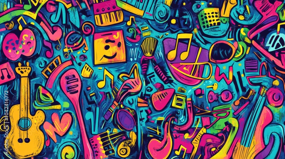 Poster a colorful array of doodles brings together musical instruments, notes, and headphones, celebrating 