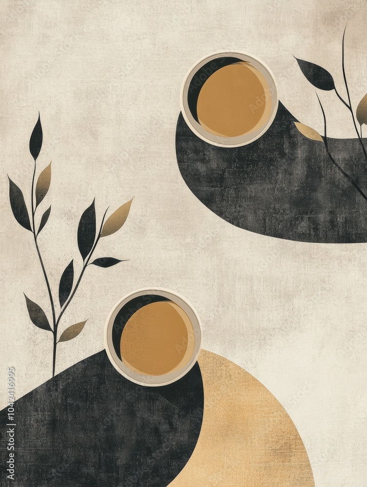 Poster The artwork showcases elegant intersecting lines symbolizing tea leaves and cups, creating a tranquil atmosphere ideal for tea lovers. Generative AI