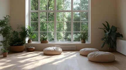 Relaxing Room with Large Window, Plants, and Cushions