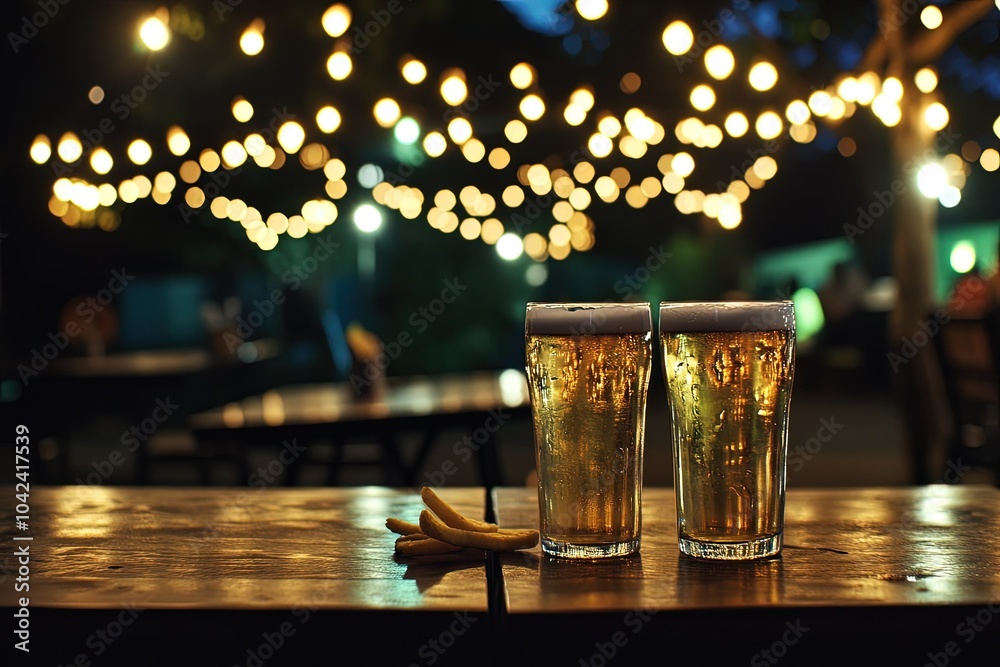 Wall mural two glasses of beer sitting on top of a wooden table