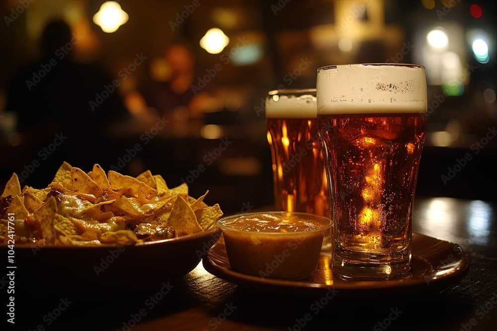 Canvas Prints a plate of chips and a glass of beer