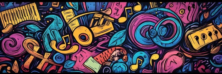 Obraz premium Colorful doodles capture the essence of music with instruments, notes, and sound waves blending harmoniously in an artistic arrangement. Generative AI