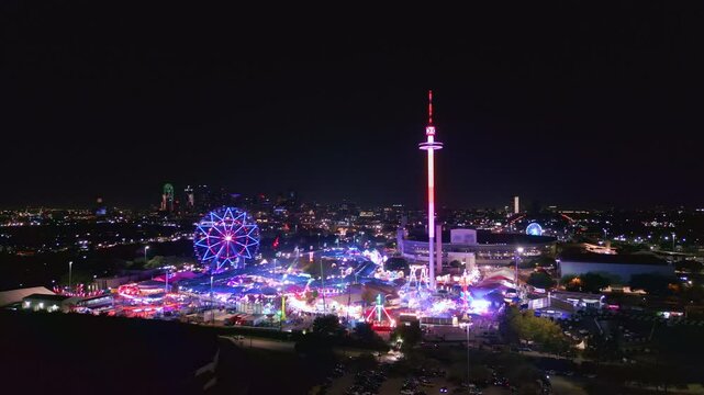 Wide Aerial of Texas State Fair and Dallas Skyline at Night