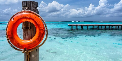 A bright orange life ring hanging on a wooden post by the turquoise blue water, with a wooden pier in the background.