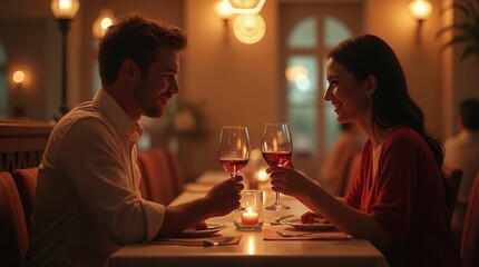 Young couple holding a glass of wine romantic scene in a restaurant