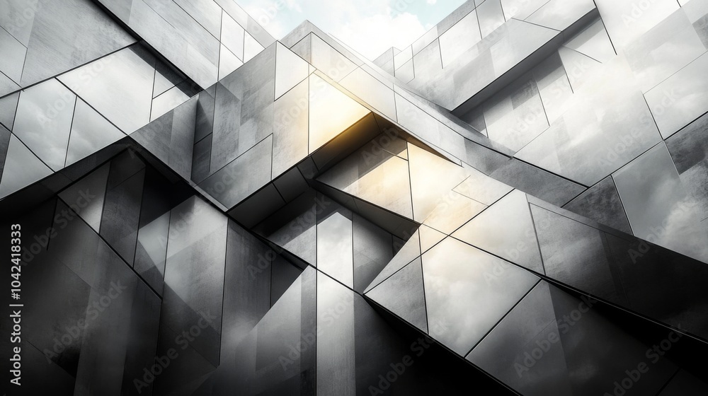 Aufkleber The composition features an intricate arrangement of angular and linear structures reflecting light amidst an overcast sky, highlighting modern architectural elements.