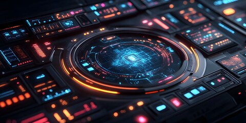 Futuristic digital interface with glowing elements and intricate designs.