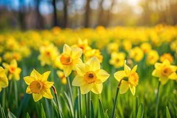 Obraz premium Depth of field image capturing yellow narcissus flowers blooming in spring against green grass