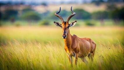 Fototapeta premium Depth of field image of a hartebeest grazing in tall grass in the Central Serengeti