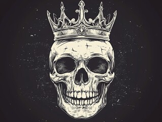 A detailed illustration of a human skull wearing a golden crown on a black background.