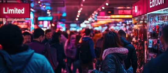 Fototapeta premium Shoppers battling for deals in a busy store under neon 