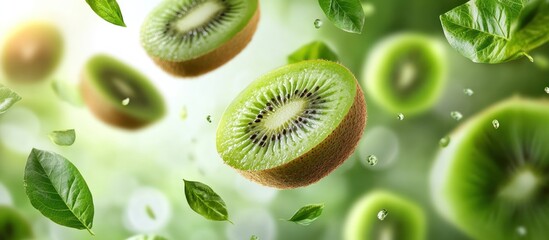 Fresh kiwi fruit slices and leaves falling in the air.